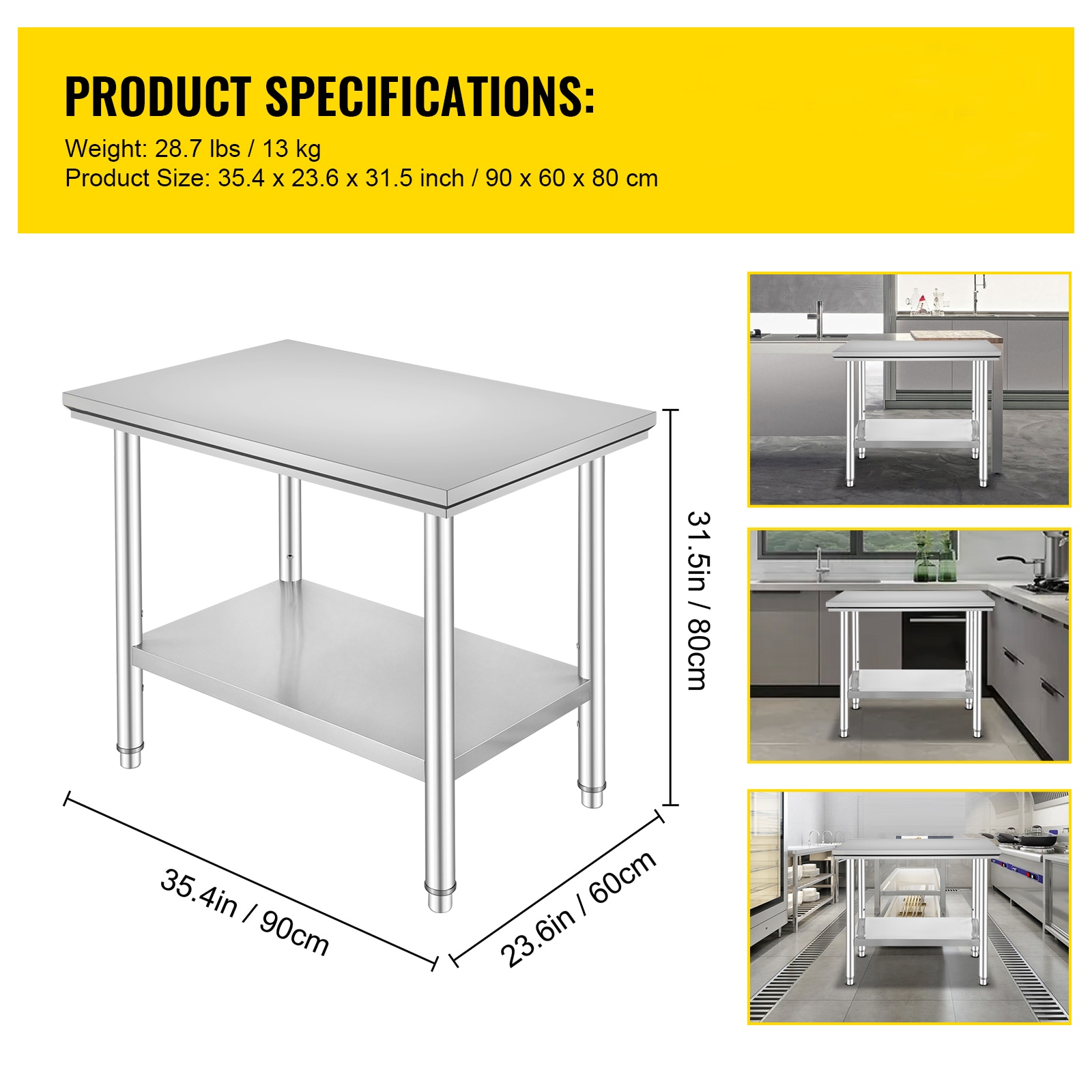 Stainless Steel Prep Table, 35 X 24 X 31 Inch, 700 Lbs Load Capacity, Heavy Duty Metal Worktable With 3 Adjustable Height Levels, Commercial Workstation For Kitchen Garage Restaurant Backyard_maomaolike.com